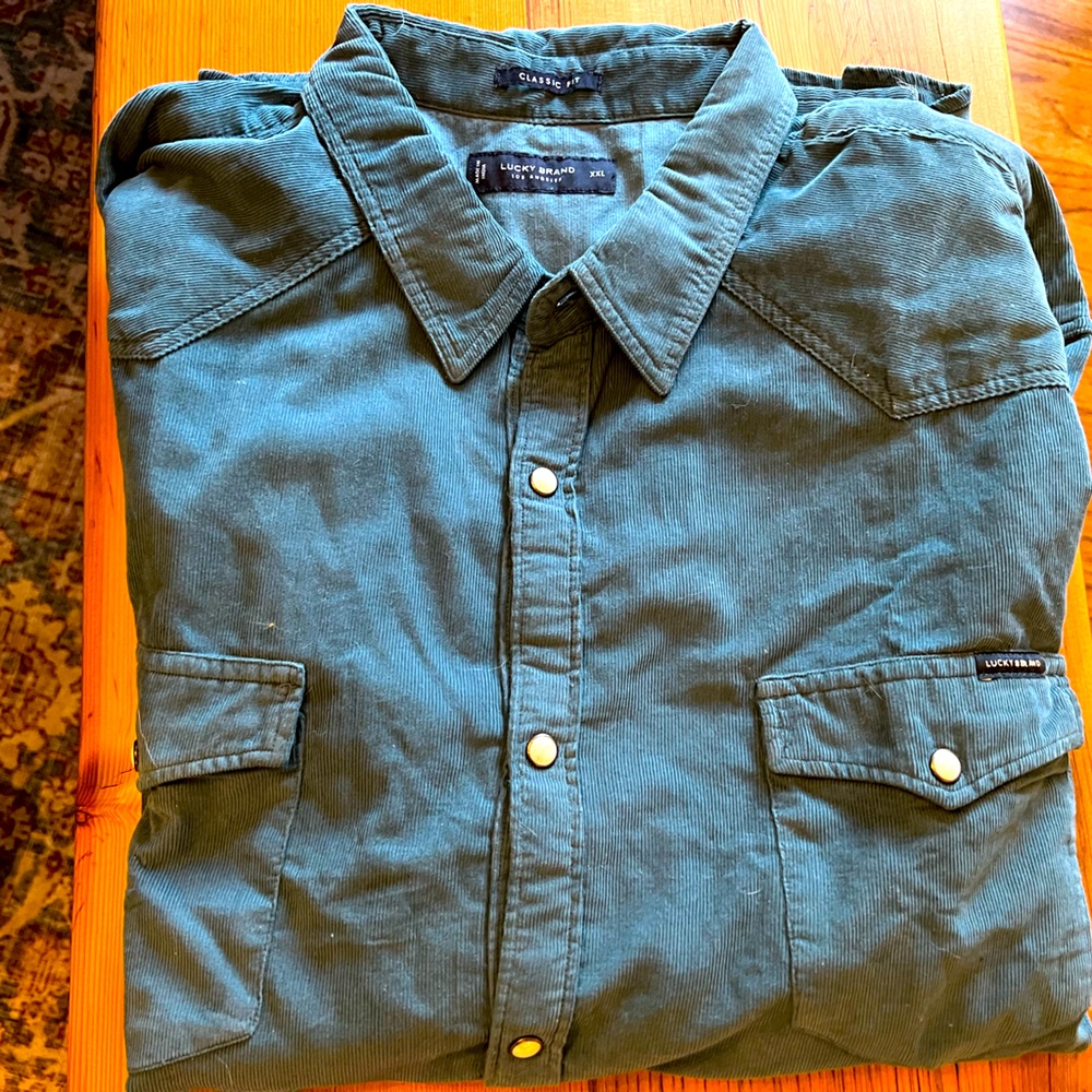 Lucky brand men’s long sleeve corduroy shirt XXL, NWT, teal.